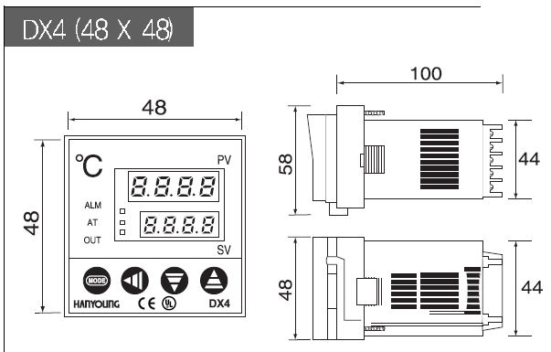 Kích thước bộ điều khiển nhiệt độ Hanyoung DX4-KSSNR