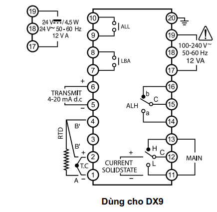 Sơ đồ đấu dây bộ điều khiển nhiệt độ Hanyoung DX9-KMWNR
