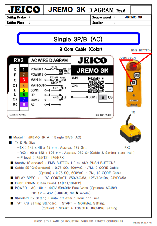 Thông số kỹ thuật điều khiển cần trục Jeico JREMO 3K