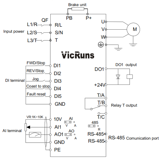 Sơ đồ đấu dây biến tần Vicruns VD120-2S-0.4GB
