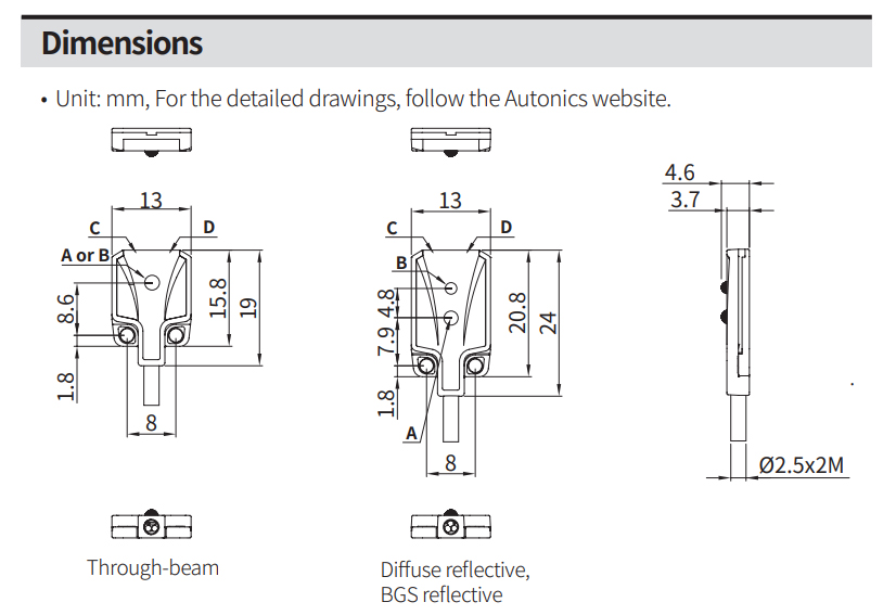 Kích thước cảm biến quang Autonics BTF Series