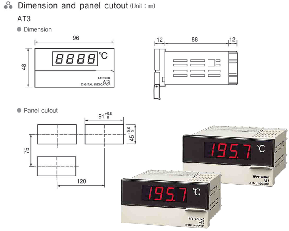 KÍCH THƯỚC BỘ ĐIỀU KHIỂN NHIỆT ĐỘ HANYOUNG AT3-K/P