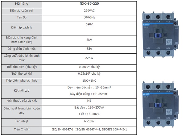 Thông số kỹ thuật của NXC-85 220V 50/60Hz
