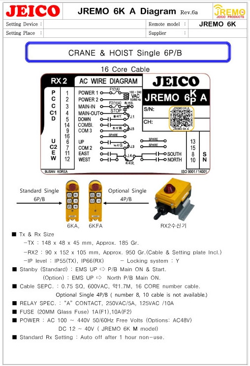Sơ đồ kết nối điều khiển cần trục Jeico JREMO 6K B (Rx2)