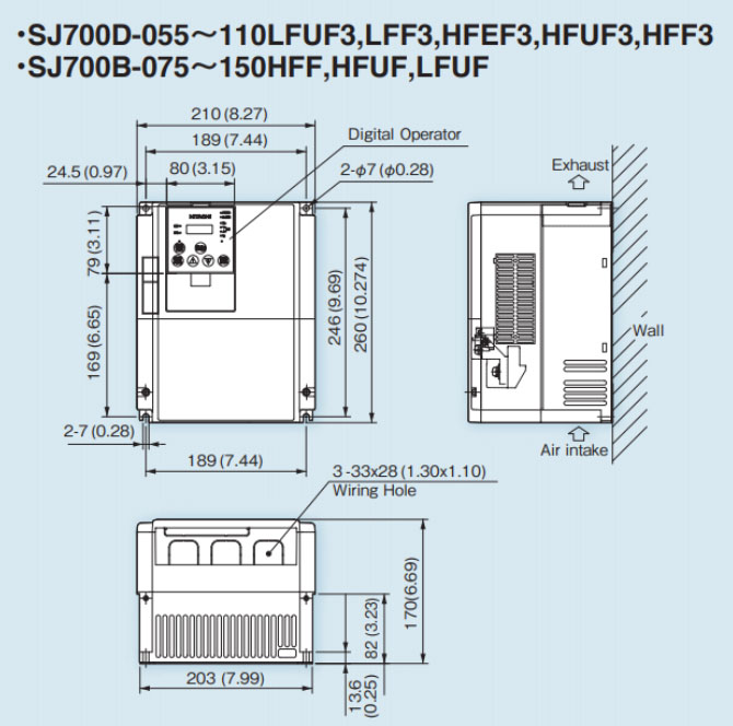 Bản vẽ kích thước biến tần Hitachi SJ700D-055HFEF7 