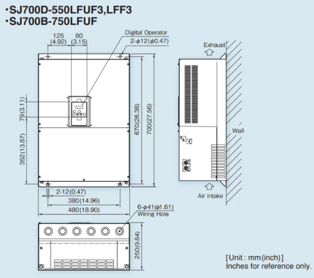 Bản vẽ kích thước biến tần Hitachi SJ700D-550LFUF3