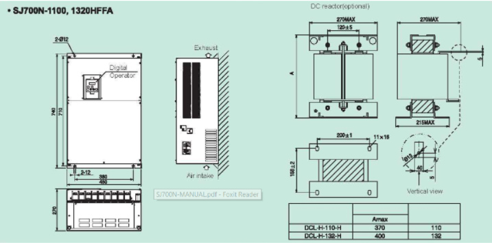 Bản vẽ kích thước của biến tần Hitachi SJ700N-1100HFFA