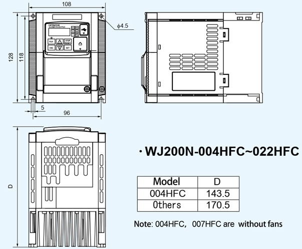 Bản vẽ kích thước biến tần Hitachi WJ200N-004HFC