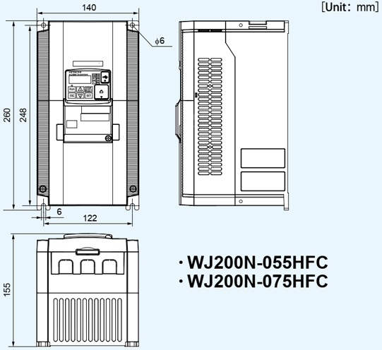 Bản vẽ kích thước biến tần Hitachi WJ200N-055HFC