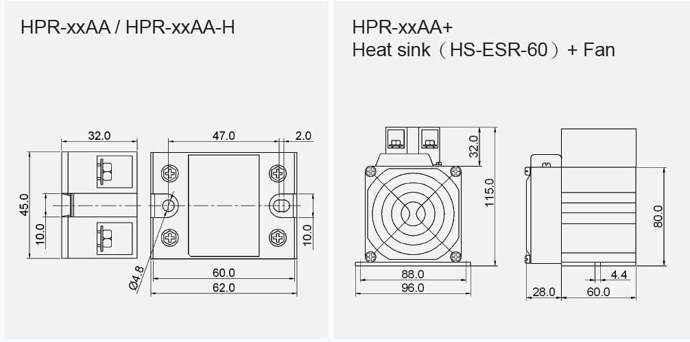 Bản vẽ kích thước bộ bán dẫn 1 pha Fotek HPR-60DA-H