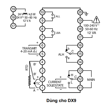 Sơ đồ đấu dây bộ điều khiển nhiệt độ Hanyoung DX9-PCWNR