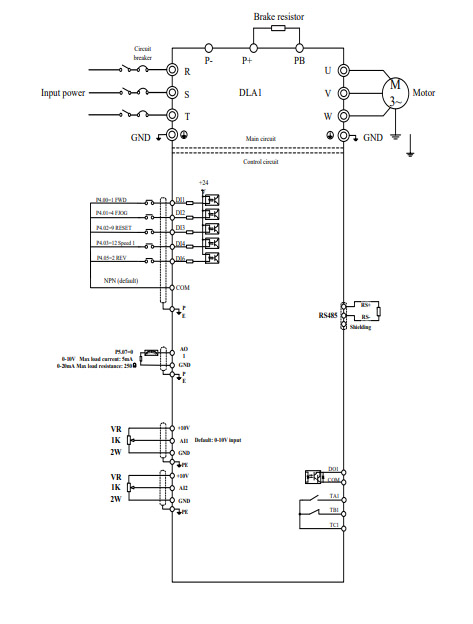 Sơ đồ kết nối tiêu chuẩn của biến tần DLA1-0D40S2G